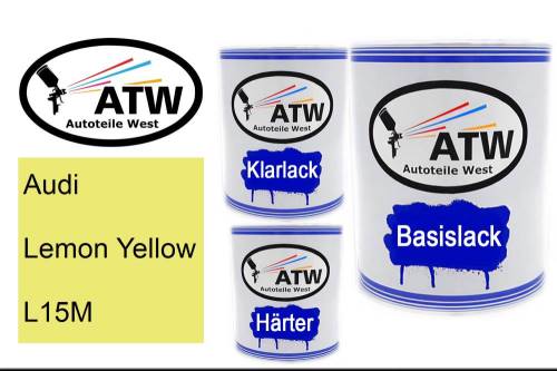 Audi, Lemon Yellow, L15M: 1L Lackdose + 1L Klarlack + 500ml Härter - Set, von ATW Autoteile West.